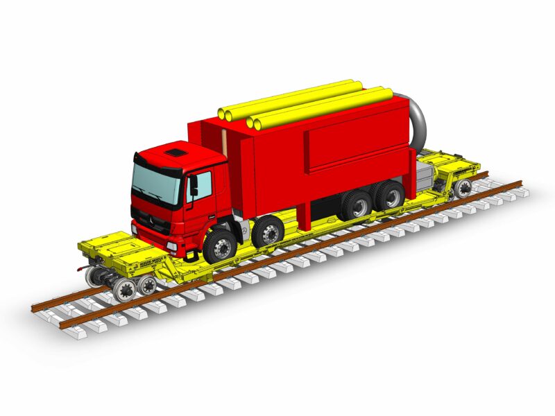 Zelfrijdende railtrailer met vrachtwagen